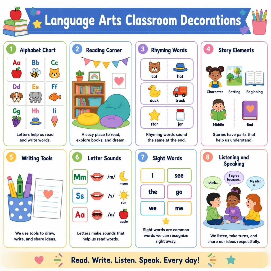 Pastel classroom poster with 8 illustrated cards on alphabet, reading, rhyming, story elements, writing, phonics, sight words.