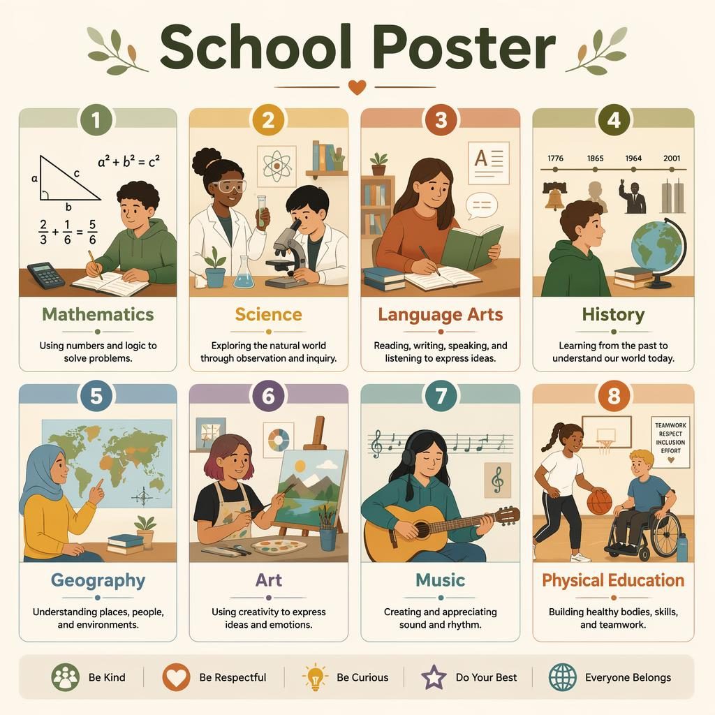 Affiche ecole en grille de 8 cartes uniformes sur les matières scolaires, avec icônes éducatives, palette terre chaude et labels en anglais.