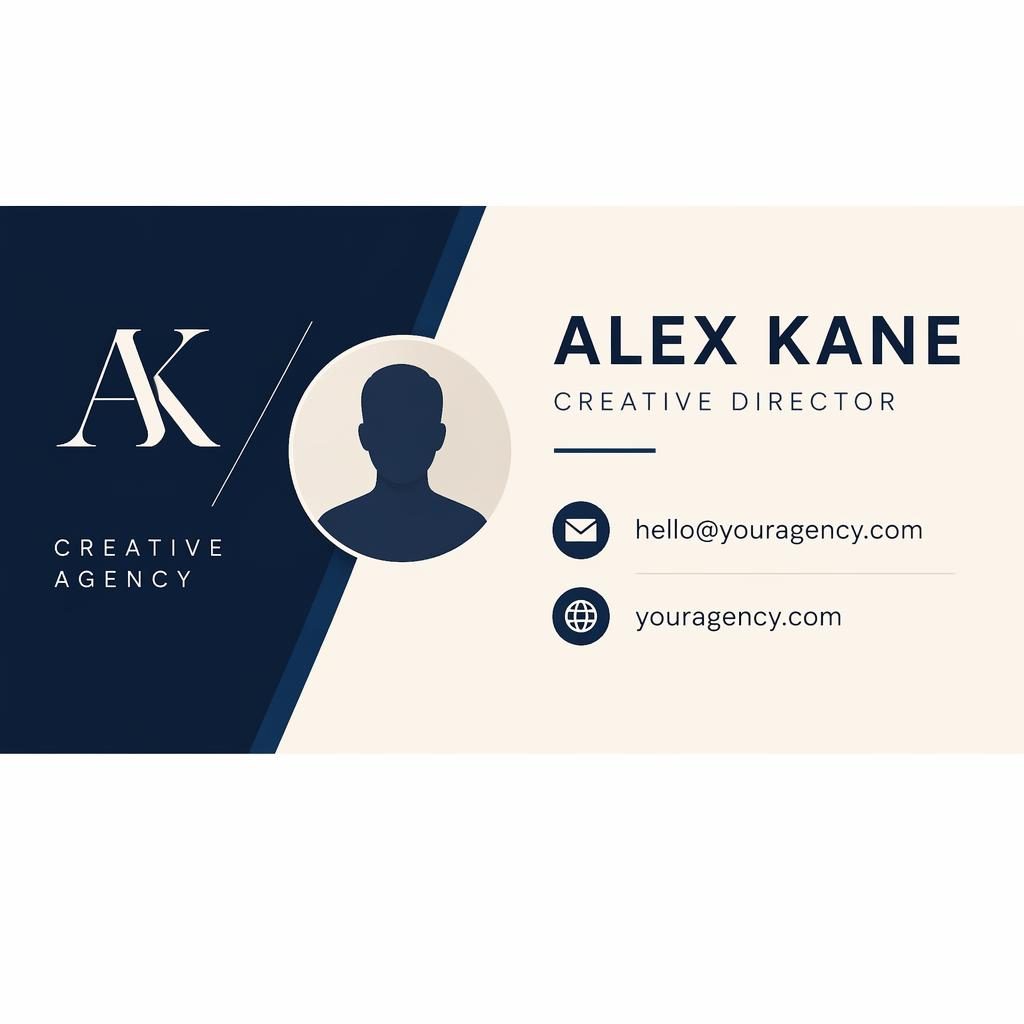 600x200 email signature banner with navy and cream typography, email and website icons, placeholder contact details, and avatar silhouette.