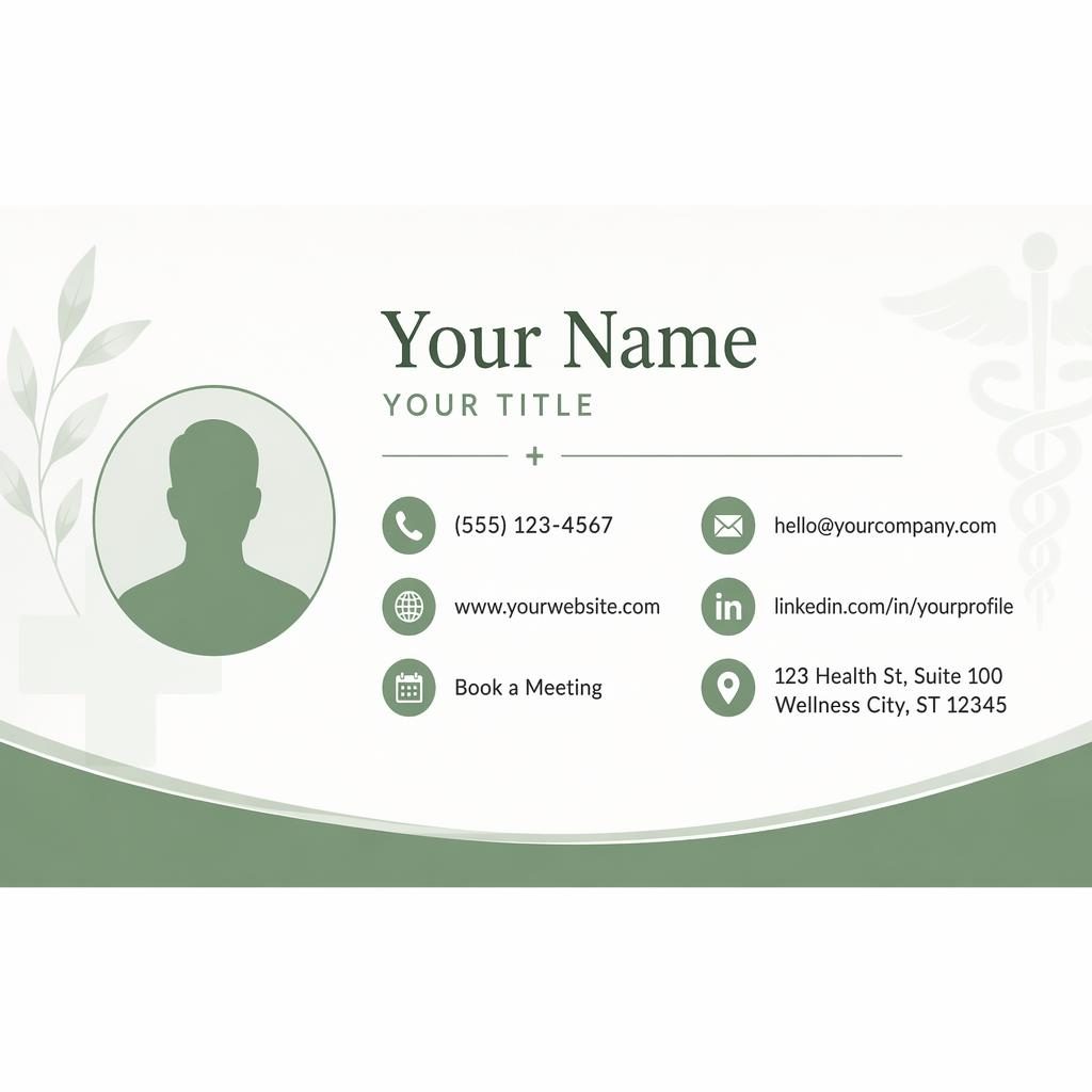 Centered minimal email signature builder banner with avatar silhouette, contact icons, and sage warm white medical clean styling.