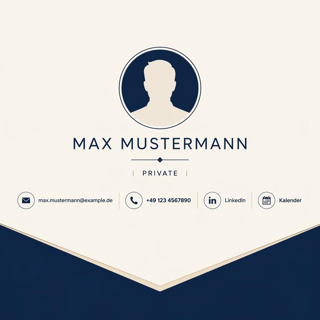 Zentrierte E-Mail-Signatur-Vorlage in Navy und Creme mit Avatar-Silhouette sowie Icons für LinkedIn und Kalender.