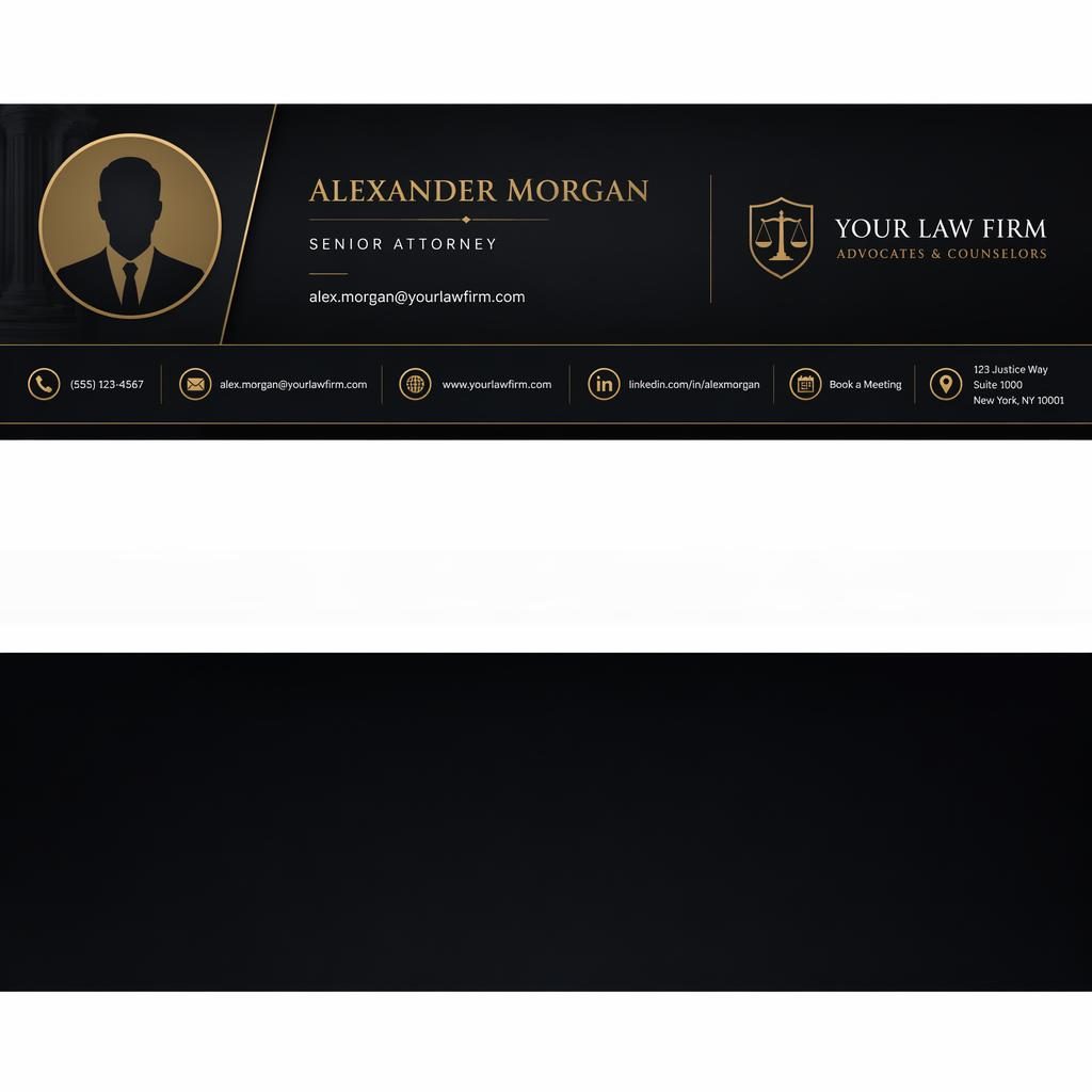 Horizontal black and gold law-firm style professional email footer with avatar silhouette and contact icons.