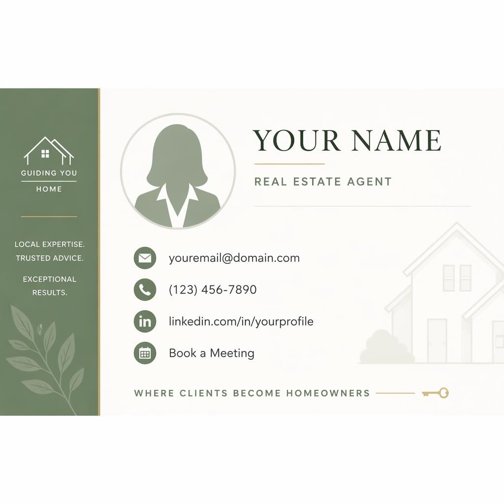 600x200 real estate agent email signature banner with sage sidebar accent, avatar silhouette, and LinkedIn and calendar icons.