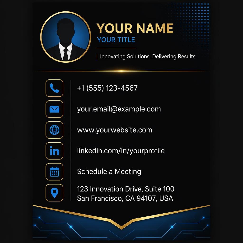 Vertical email signature banner with avatar silhouette, placeholder contact details, and phone, email, web, LinkedIn, calendar, address icons.