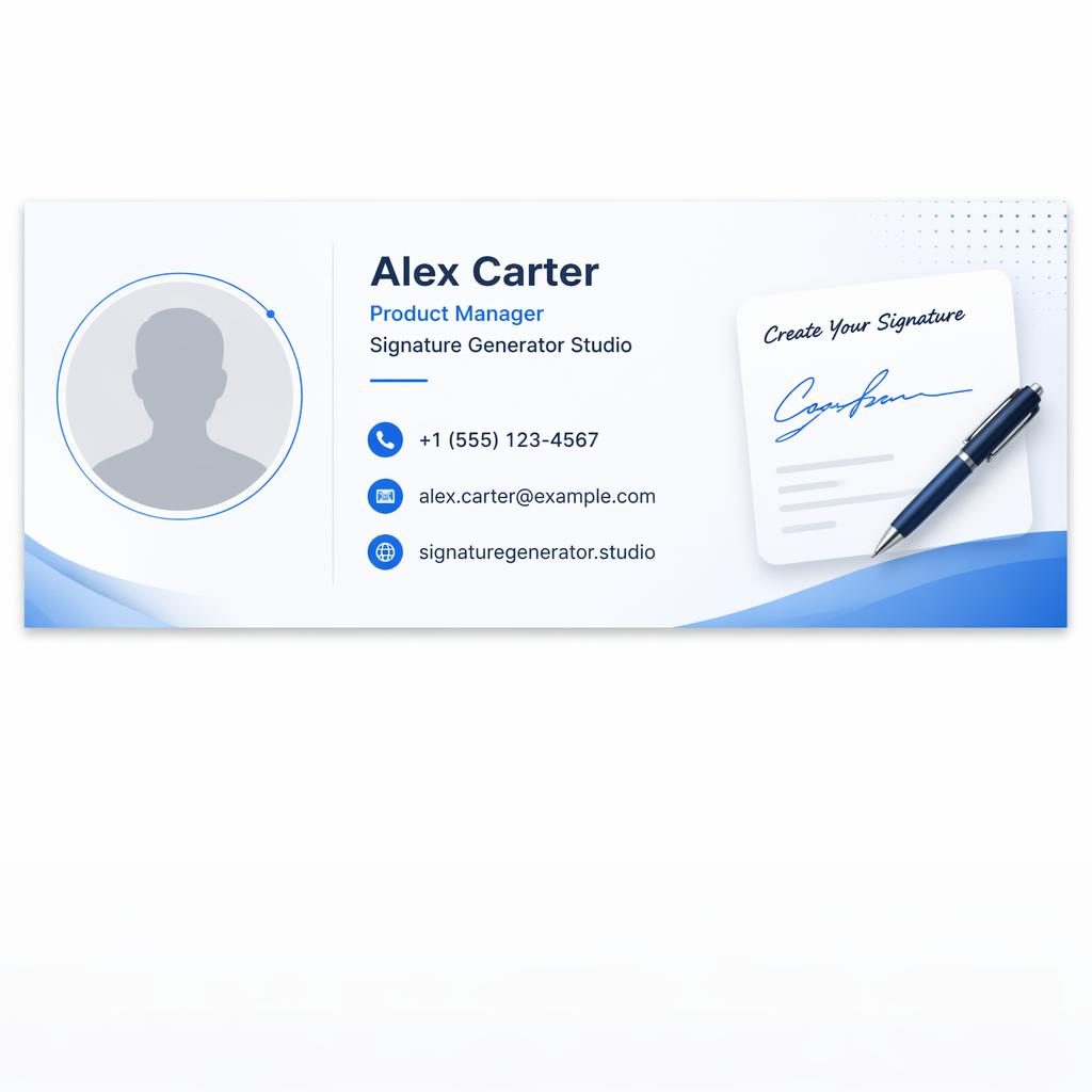 Minimal 600x200 email signature banner with avatar silhouette, placeholder contact details, icons, and tech blue UI styling.