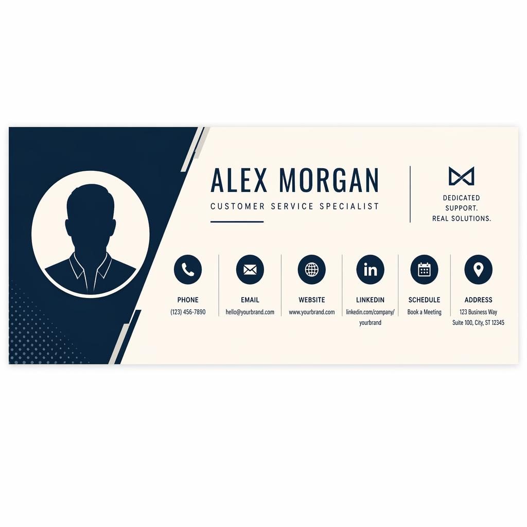 Horizontal customer service email signature banner with avatar silhouette, contact icons, and navy cream agency-style layout.