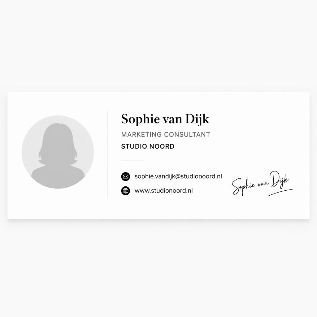 Minimalistische e-mailhandtekening banner met naam Sophie van Dijk, avatar-silhouet, e-mail, website en iconen.