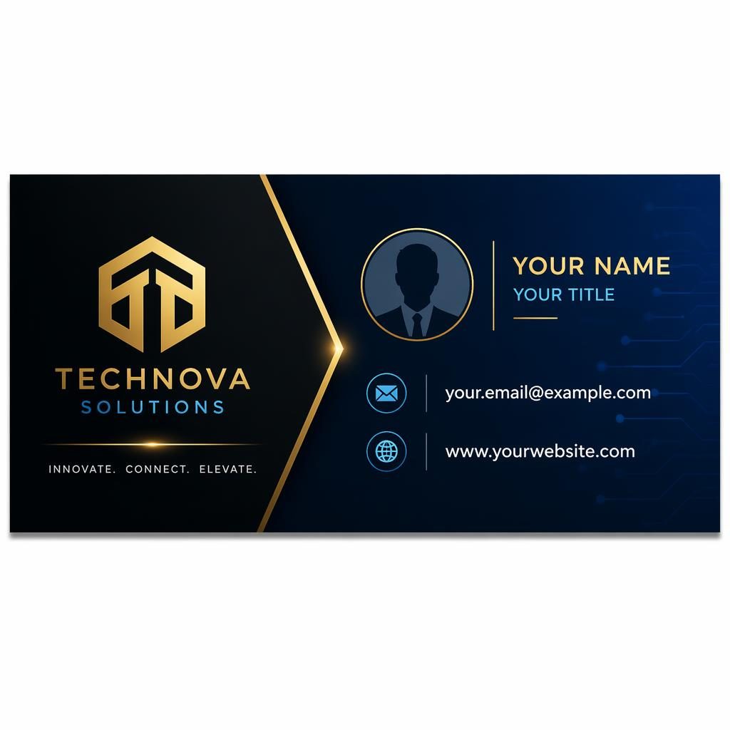 Two-column email signature banner with logo, avatar silhouette, email and website icons, in black, gold, and tech blue.