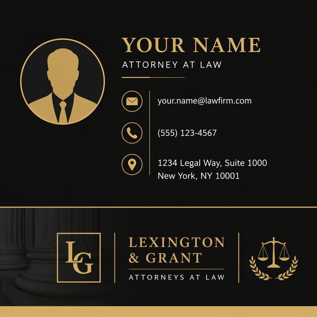 Vertical business email signature block with black and gold styling, avatar silhouette, and contact icon layout.
