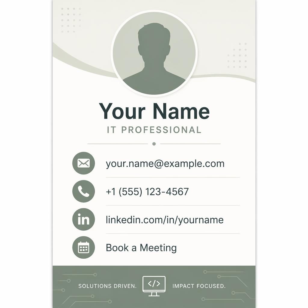 Vertical email signature banner in sage and warm white with avatar silhouette, placeholder contact details, LinkedIn and calendar icons.