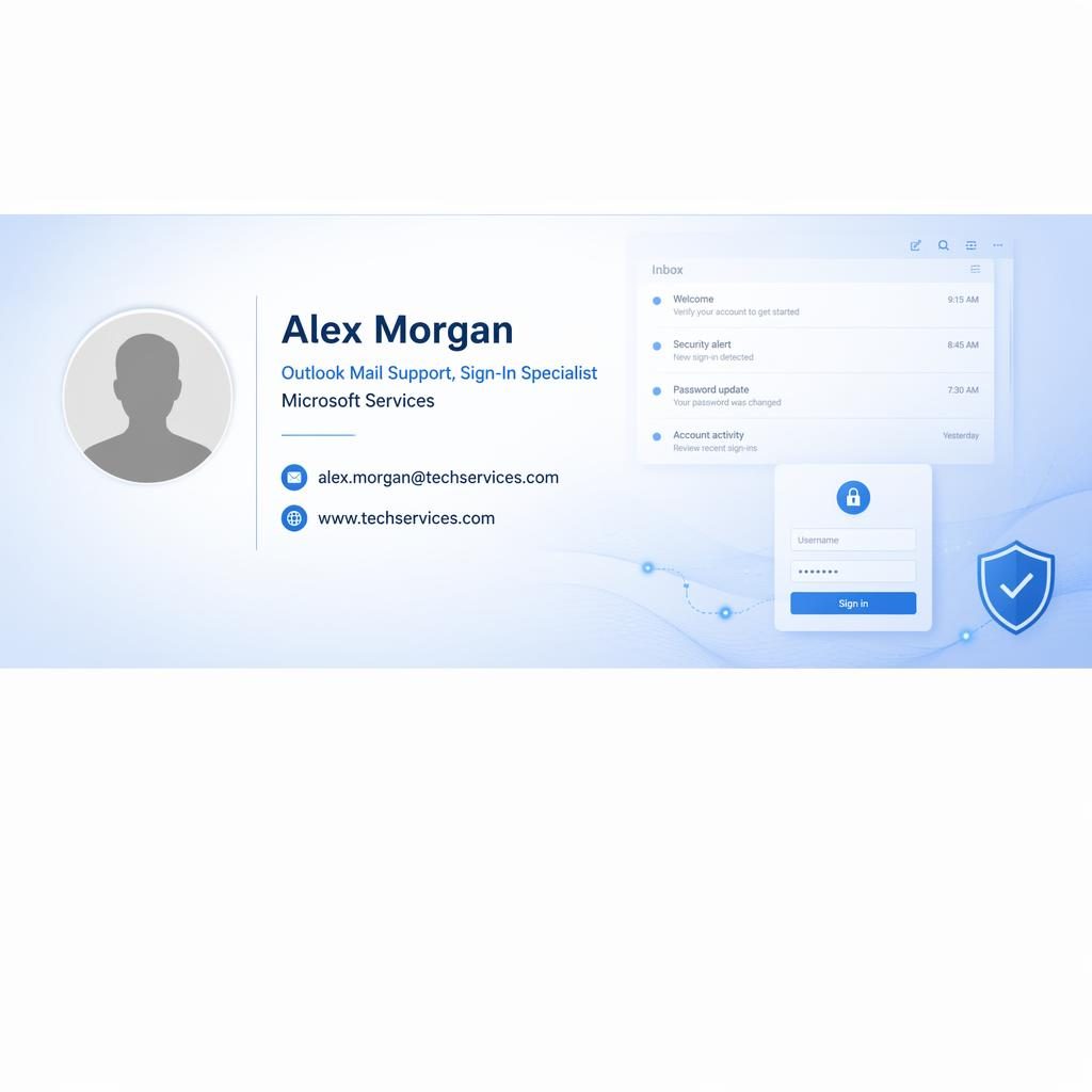 Minimal blue email signature banner with avatar silhouette, placeholder contact text, email and website icons, and secure login UI motifs.