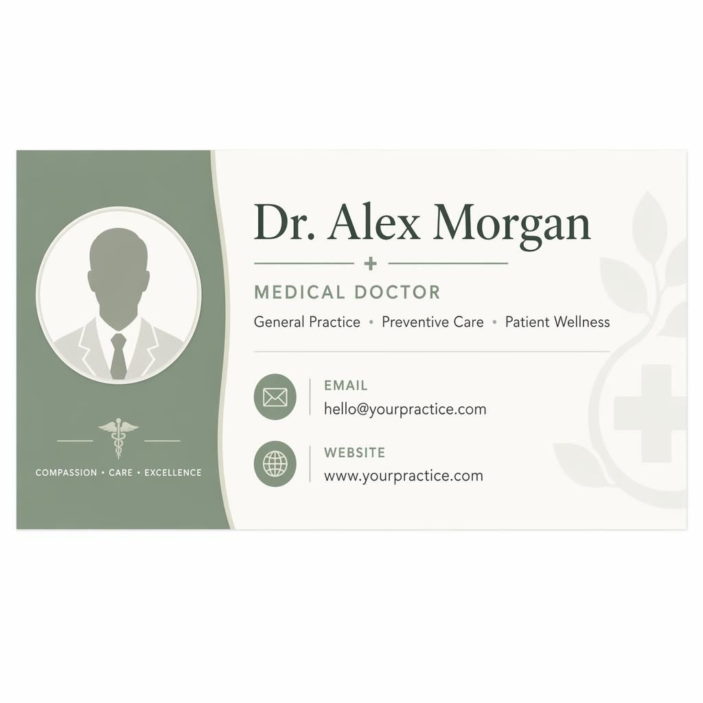 Clean 600x200 medical doctor email signature banner with typography layout, avatar silhouette, and email and website icons.