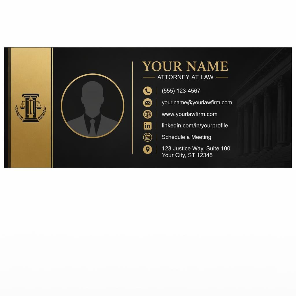 Black and gold email signature banner with sidebar accent, avatar silhouette, and icons for phone, email, website, LinkedIn, calendar, and address.