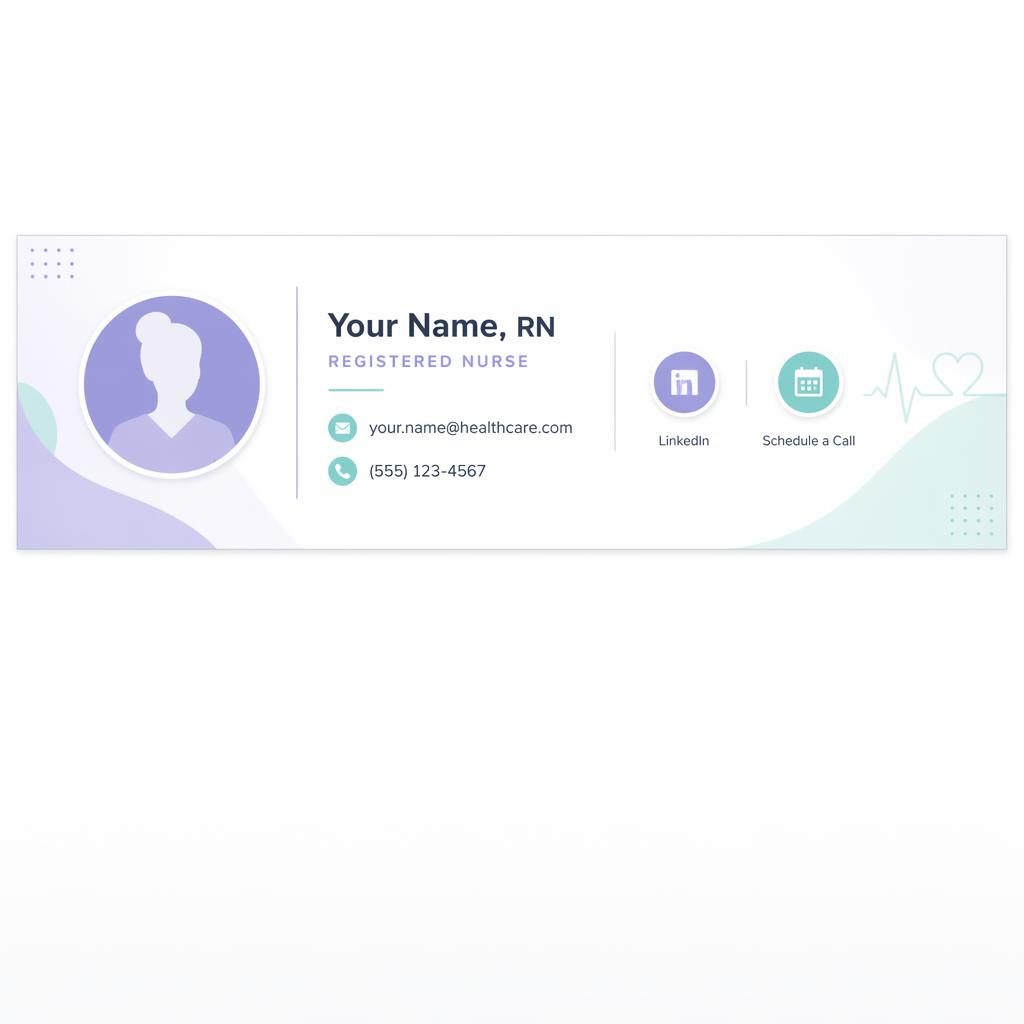 Horizontal AI email signature banner with avatar silhouette, placeholder contact details, LinkedIn and calendar icons in pastel tech style.