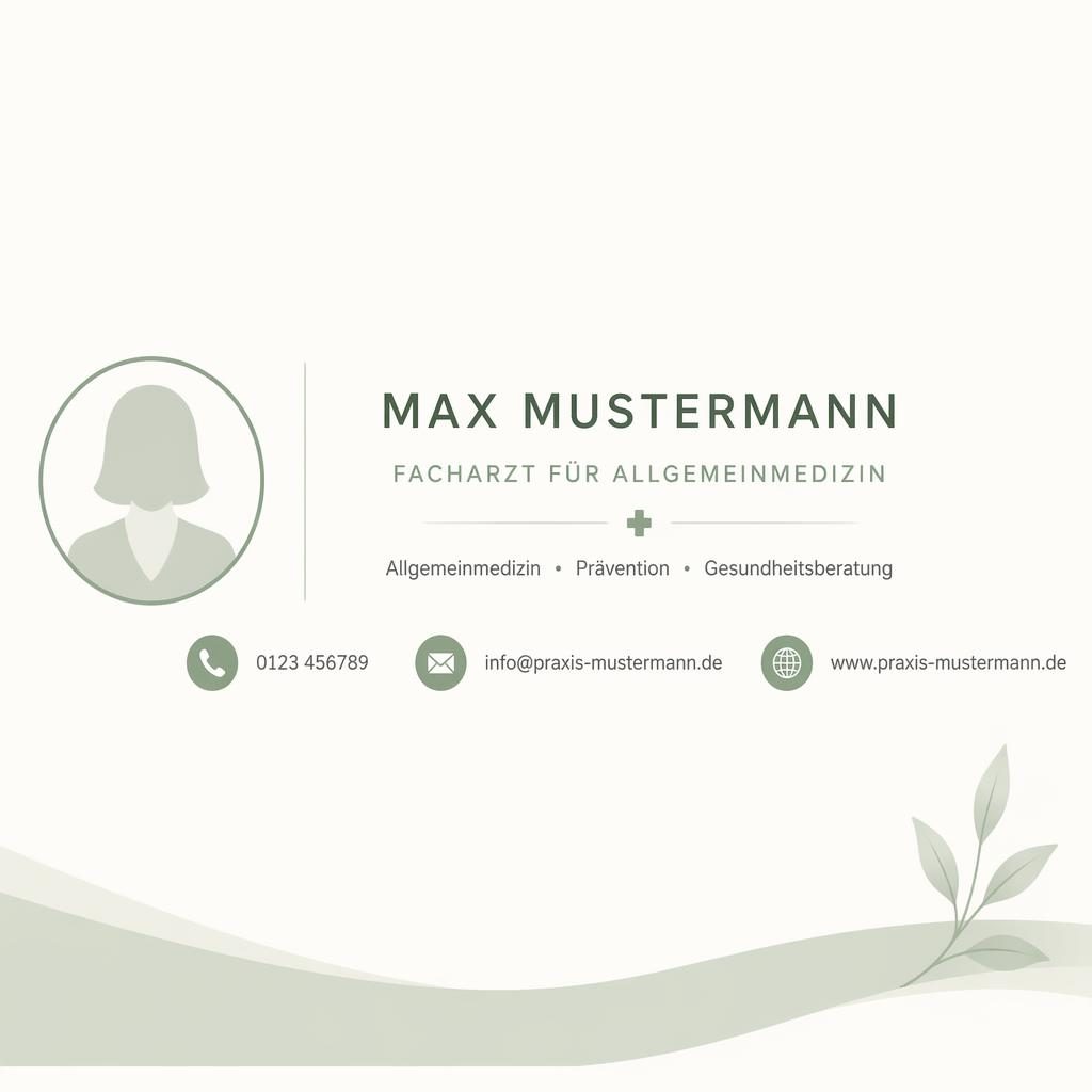 Zentrierte E-Mail-Signaturgrafik mit Avatar-Silhouette, Kontakticons für Telefon, E-Mail und Website in Salbei und Warmweiß