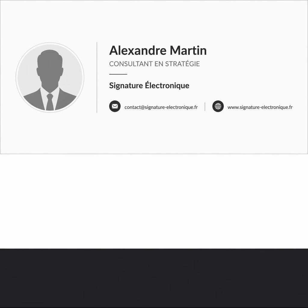 Bannière 600×200 de signature électronique minimaliste, avatar générique, nom, poste, entreprise, e-mail et site web.