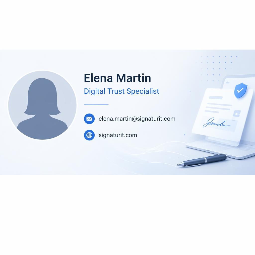 Bannière e-mail 600×200 avec avatar générique, nom Elena Martin, rôle, e-mail, site et icônes minimales en bleu tech.