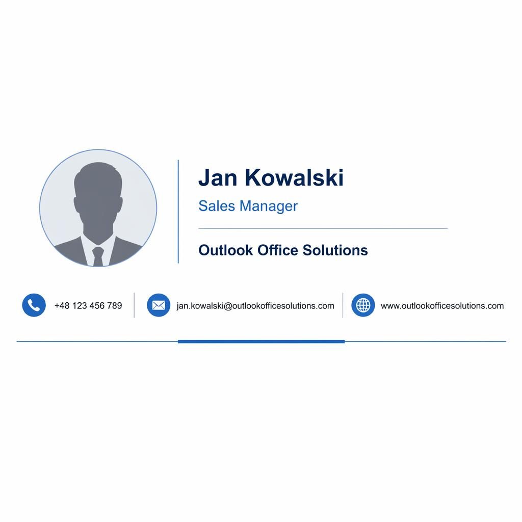 Minimalistyczna outlook stopka e-mail z awatarem, danymi Jana Kowalskiego i ikonami telefonu, e-maila oraz WWW.