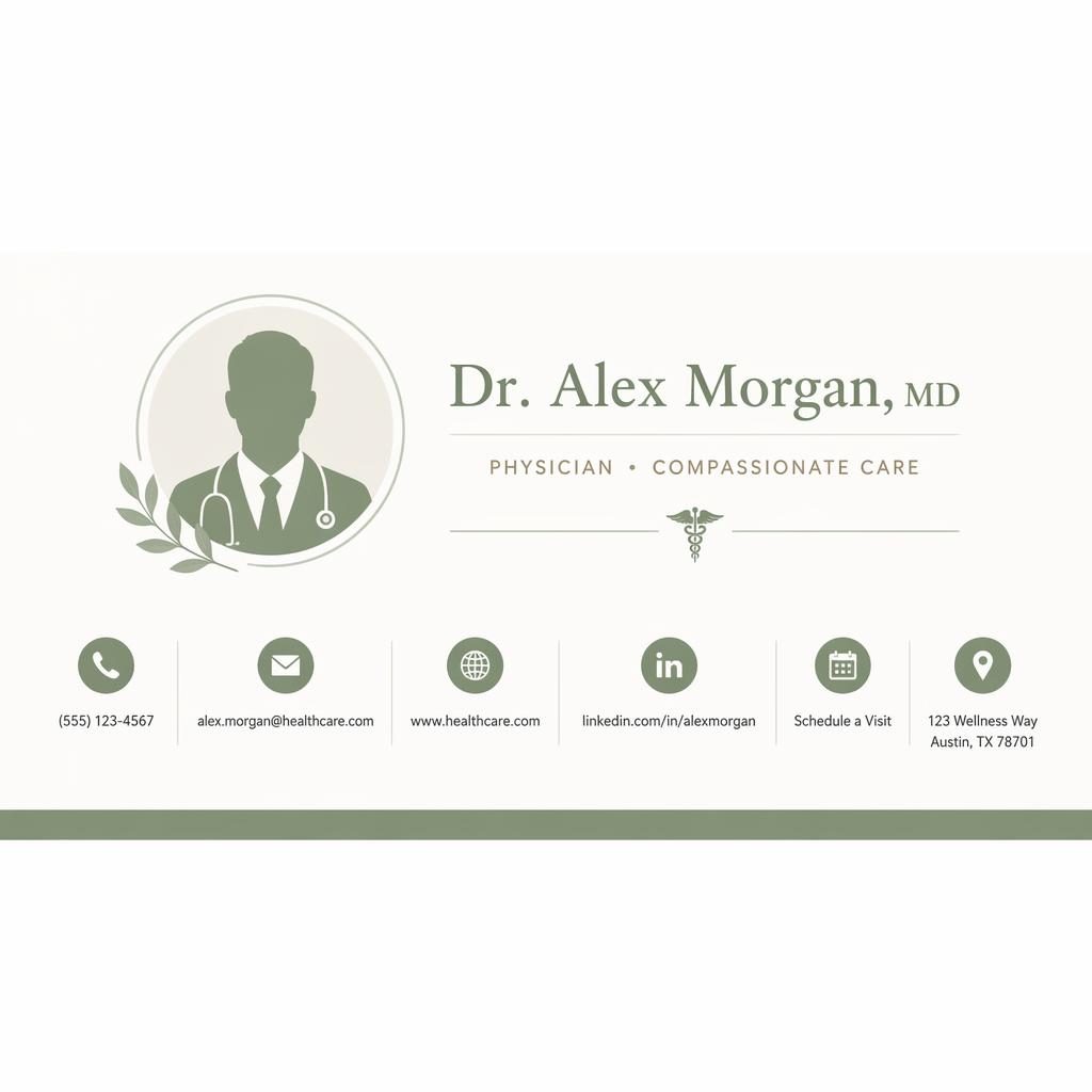 Minimal 600x200 medical doctor email signature banner with avatar silhouette and contact icons in sage and warm white.