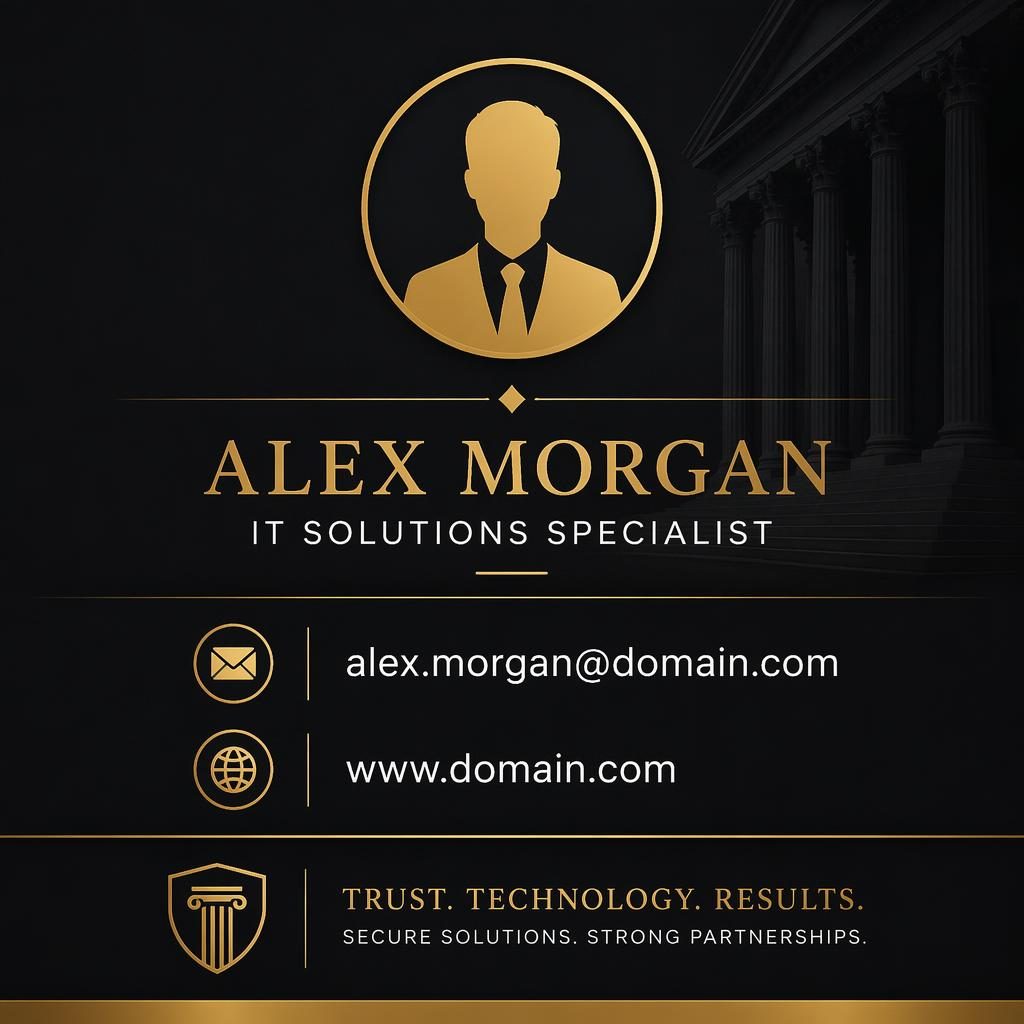 Vertical email signature banner in black and gold with avatar silhouette, placeholder contact details, and email and website icons.