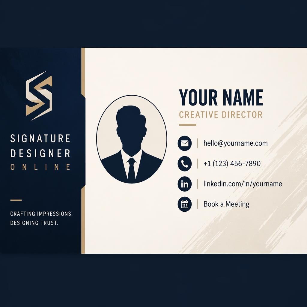 Navy and cream email signature banner with sidebar accent, avatar silhouette, and LinkedIn and calendar icons.