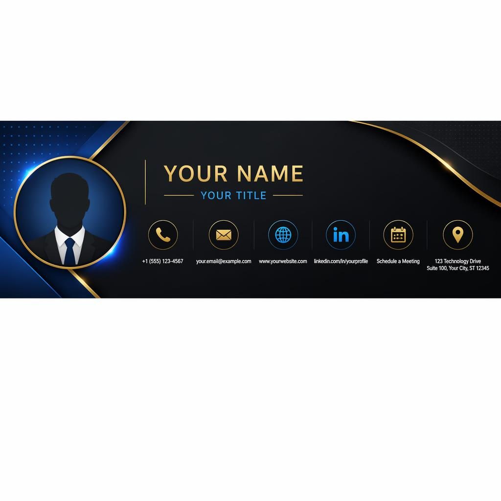 Horizontal email signature banner with black, gold, and blue accents, avatar silhouette, and contact icons for phone, email, website, LinkedIn, calendar, and address.