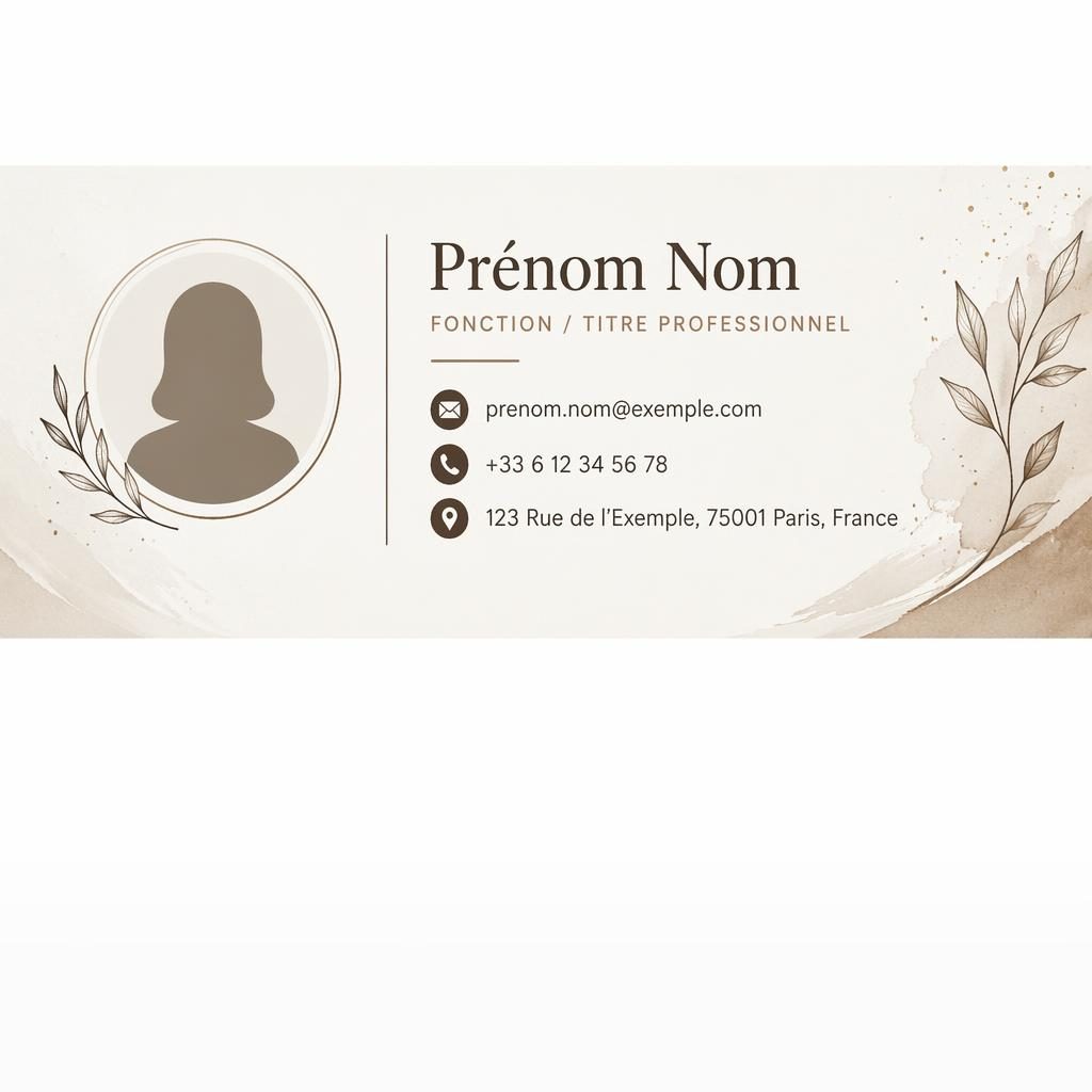 Bannière 600×200 de signature email professionnel, typographie soignée, icônes de contact et silhouette générique monochrome.
