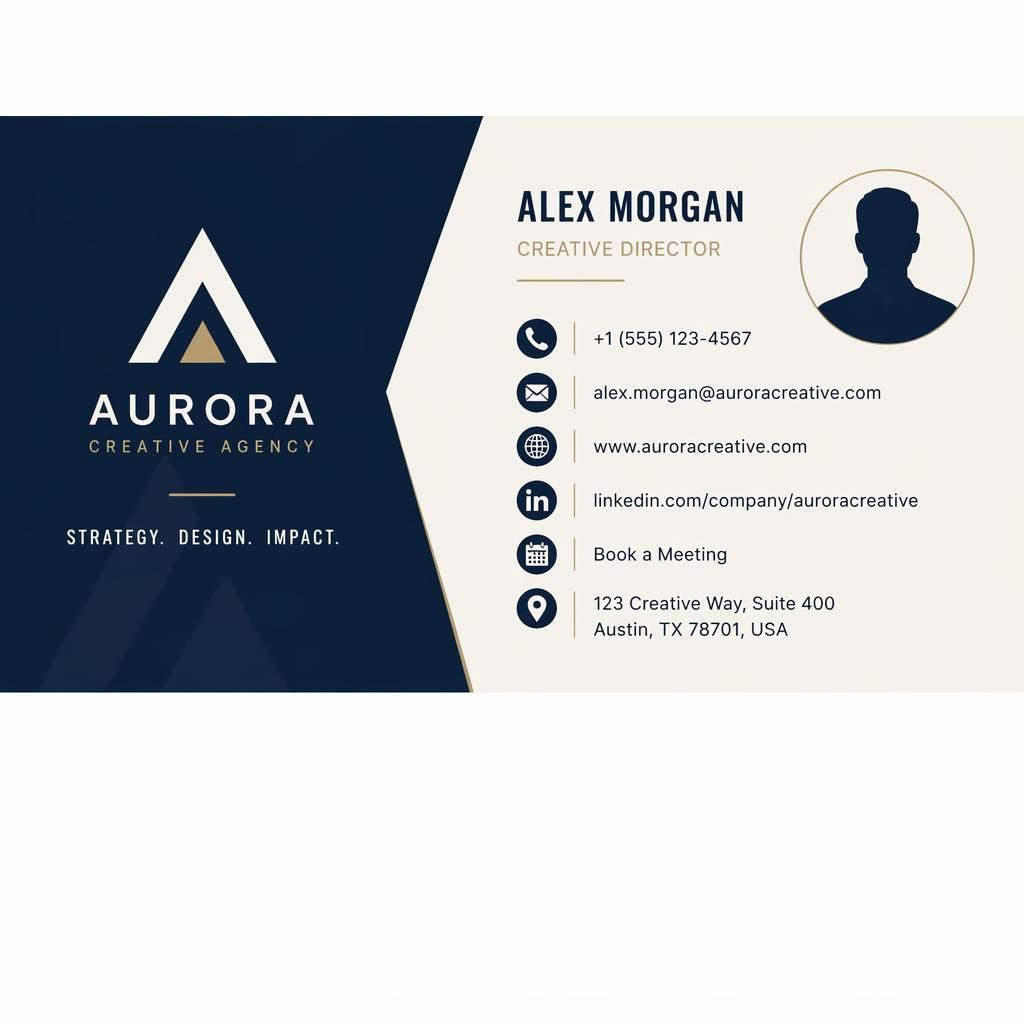 Two-column email signature banner in navy and cream with logo, avatar silhouette, and contact icons for phone, email, website, LinkedIn, calendar, and address.