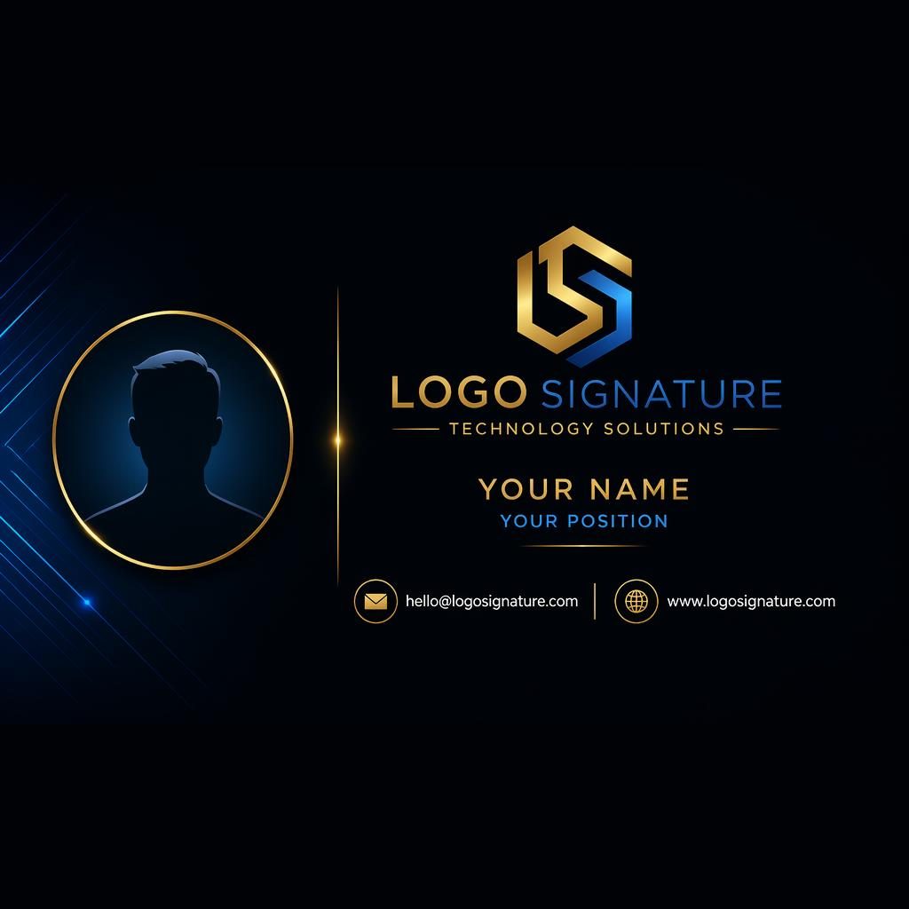 Centered 600x200 email signature banner with silhouette avatar, email and website icons, black, gold, and tech blue accents.