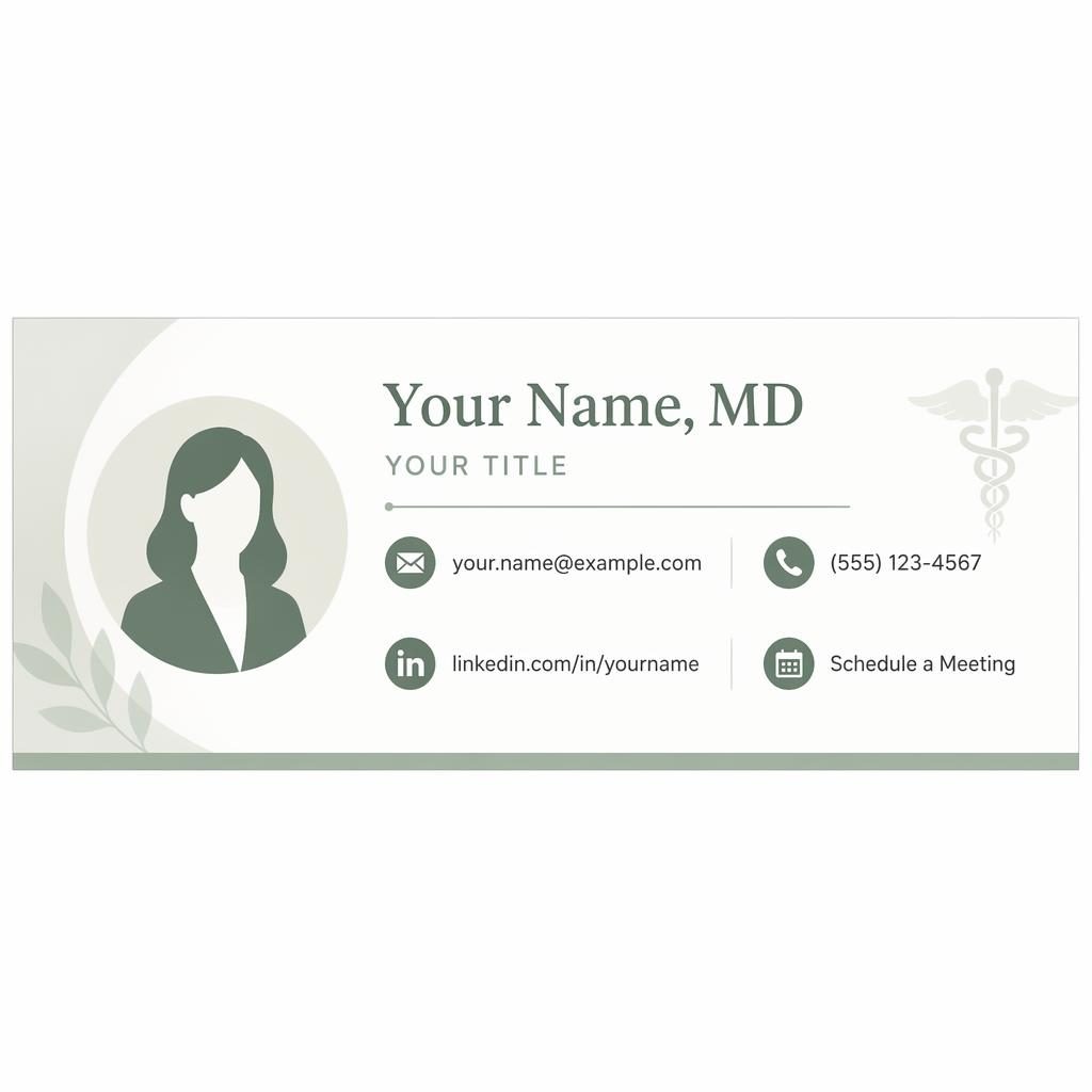 Horizontal email signature banner with avatar silhouette, placeholder contact details, LinkedIn and calendar icons in sage and warm white.
