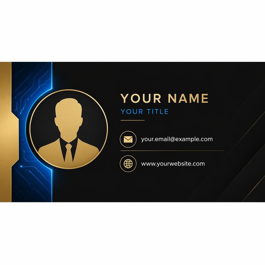 Luxury black and gold email signature banner with blue accents, avatar silhouette, and email and website icons in sidebar.