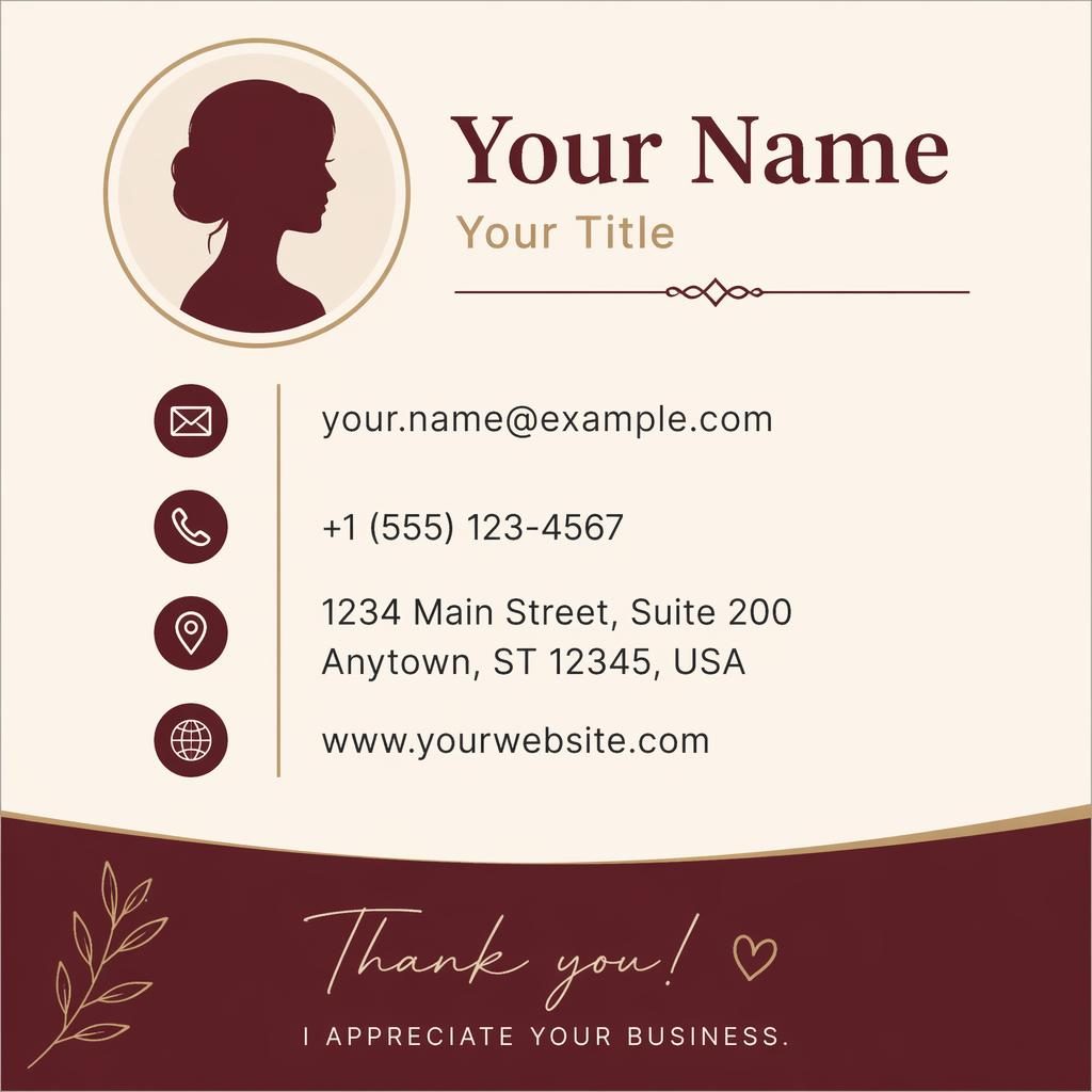 Vertical email signature banner with burgundy and cream palette, avatar silhouette, placeholder contact details, and address icon.