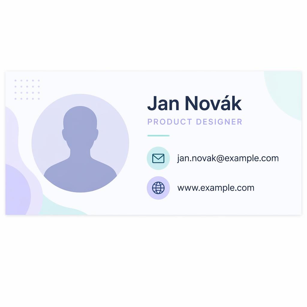 Banner e mailový podpis 600×200 s avatarem vlevo, kontakty vpravo, ikonami e-mailu a webu a pastelovým tech vzhledem.