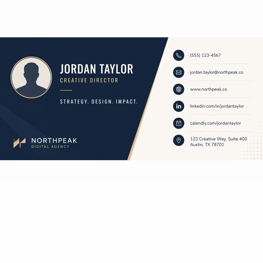 Navy and cream email signature banner with typography layout, contact icons, and generic avatar silhouette placeholder.