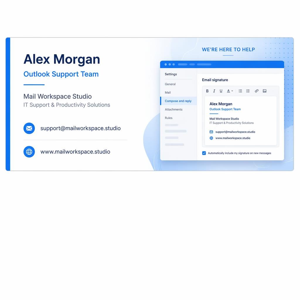 Minimalistische 600×200 e-mailhandtekening in blauwe techstijl met naam, e-mail, telefoon en iconen voor e-mail en website.