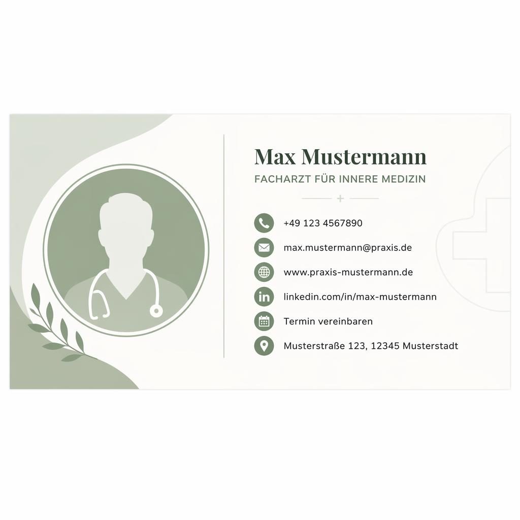600×200 E-Mail-Signaturbanner mit Avatar-Silhouette links und Kontakticons rechts in Salbei und Warmweiß.