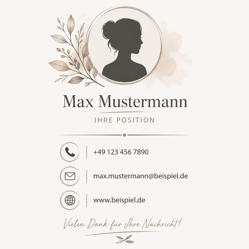 Illustrierte E-Mail-Signatur im Bannerformat mit Avatar-Silhouette, Name, Kontakticons für Telefon, E-Mail und Website