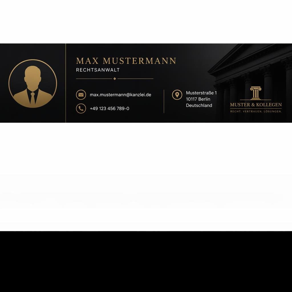 Horizontales E-Mail-Signatur-Banner in Schwarz und Gold mit Avatar-Silhouette, Platzhaltern und Kontakt-Icon für Adresse.