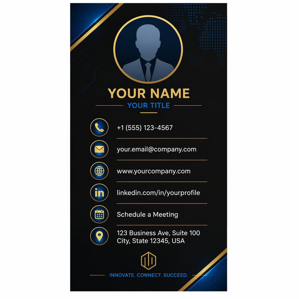 Vertical email signature banner with avatar silhouette, contact icons, black gold and tech blue accents, 600x200 layout