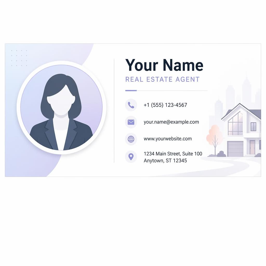 600x200 email signature banner with avatar silhouette on the left and contact details with icons on the right in soft pastel tech style.