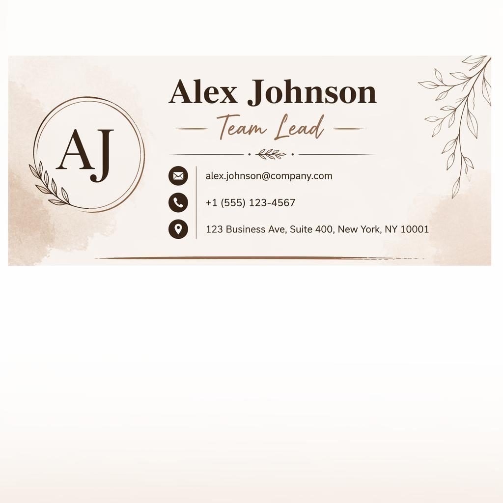 Warm monochrome illustrated email signature banner with typography layout, contact icons, placeholder details, and silhouette avatar.