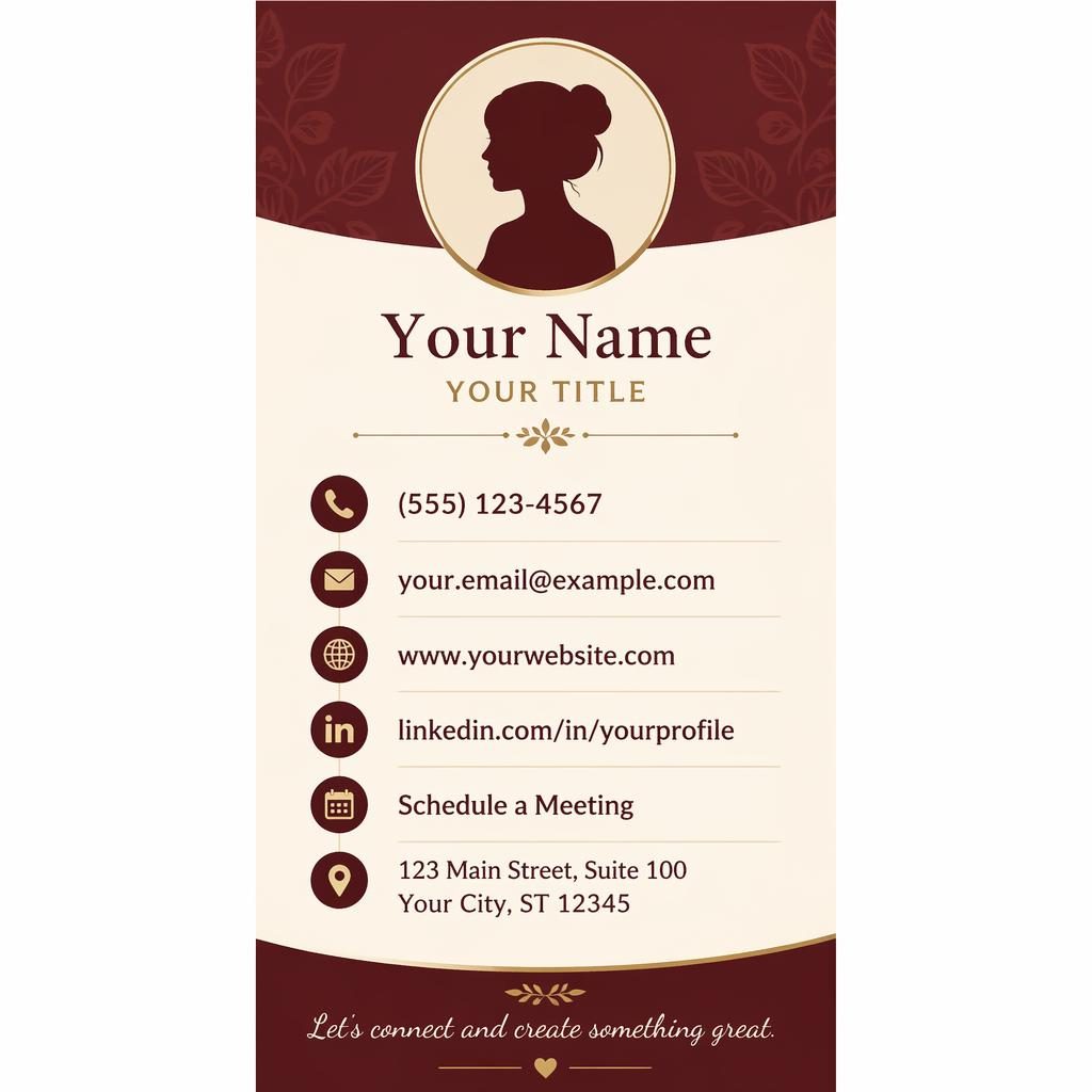 Vertical email signature banner with burgundy and cream palette, avatar silhouette, contact icons, and placeholder details.
