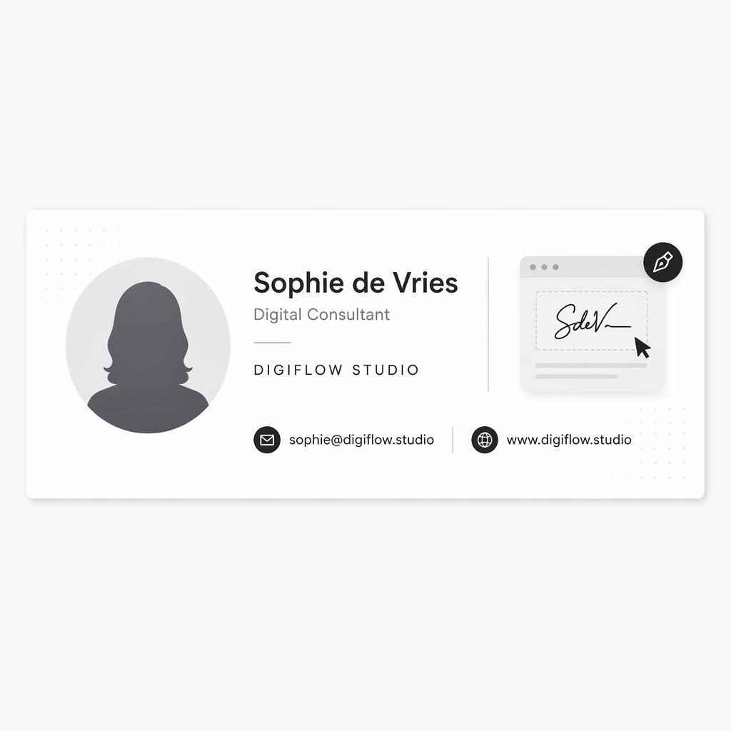 Minimalistische monochrome emailhandtekening met avatar, naam Sophie de Vries, e-mail, website en UI voor digitale handtekening.
