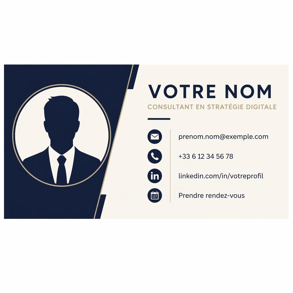 Bannière email 600×200 avec avatar silhouette à gauche, contacts à droite, icônes LinkedIn et calendrier, tons navy et crème.