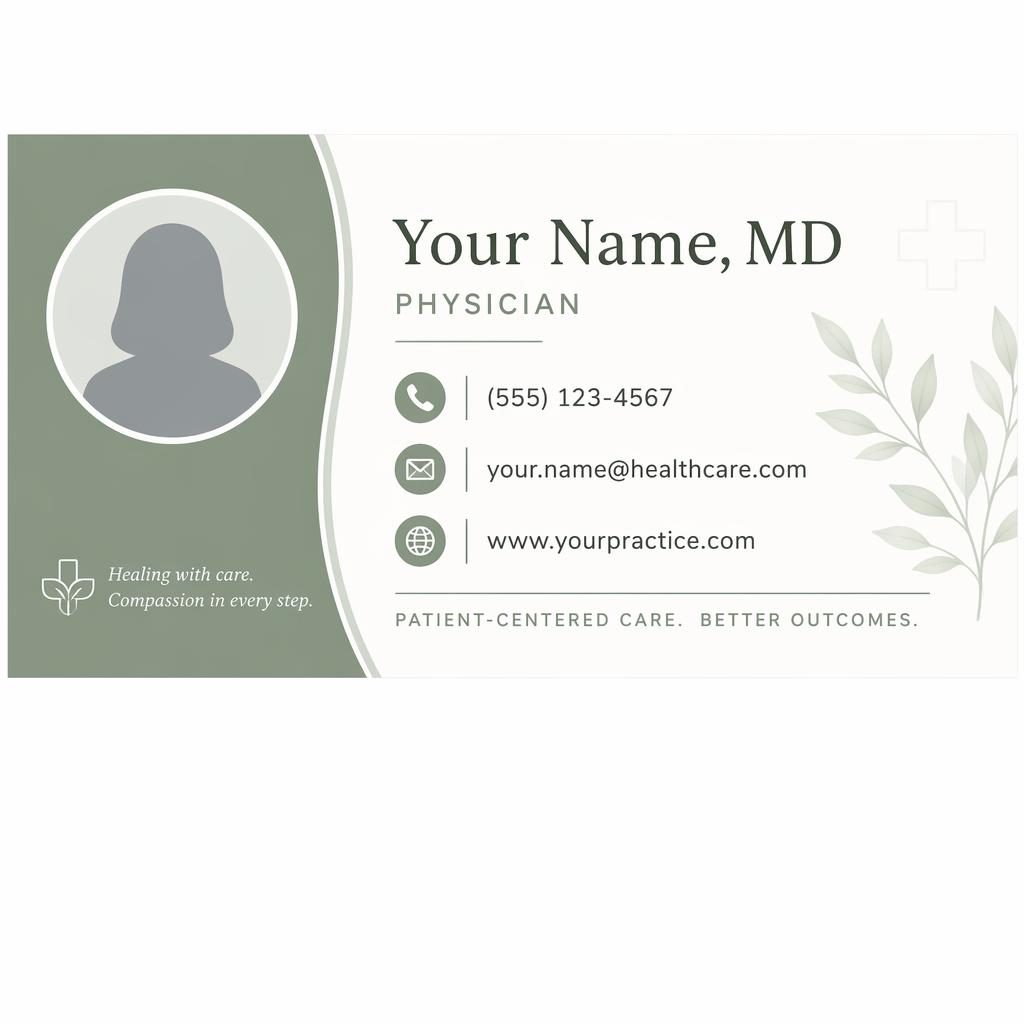 Medical clean email signature banner with sage and warm white layout, contact icons, placeholder details, and avatar silhouette.