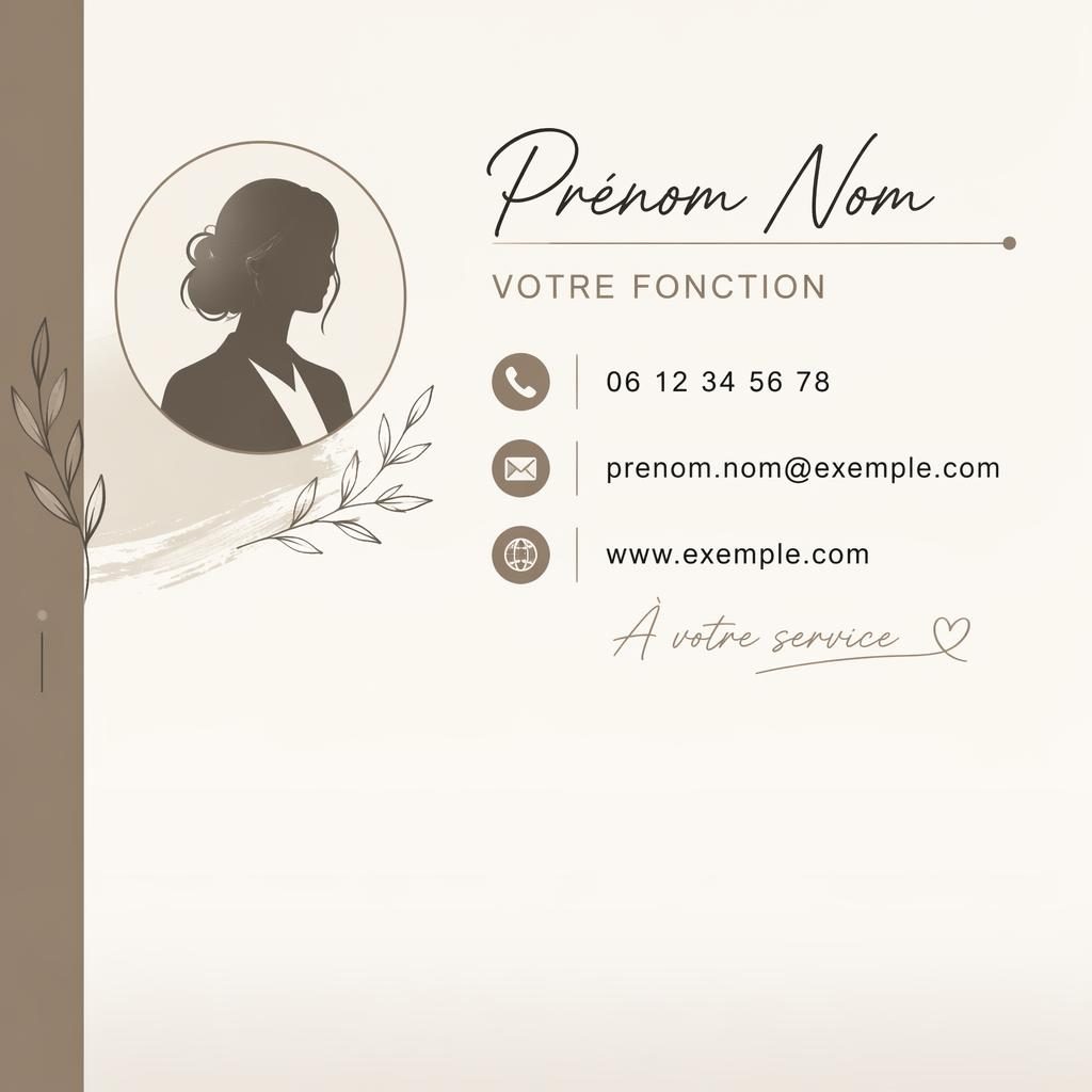 Bannière 600×200 de signature mail professionnelle gratuite, style illustré monochrome, avatar silhouette et icônes contact