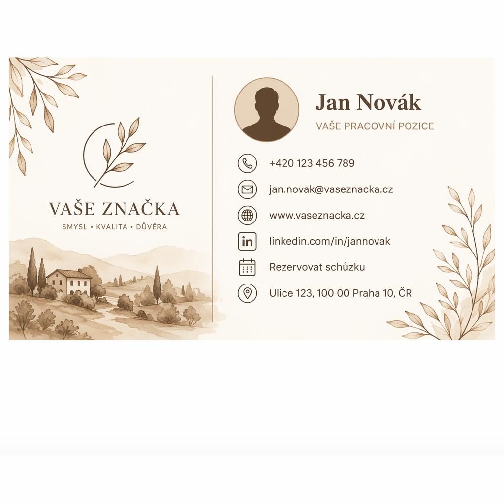 Ilustrovaný dvousloupcový banner 600×200 s logem, siluetou avatara a ikonami telefonu, e-mailu, webu a LinkedIn.