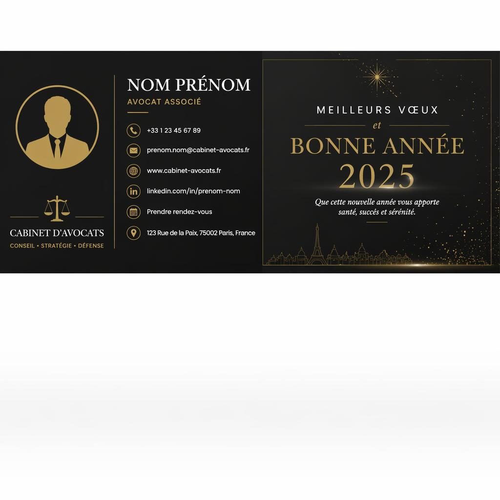 Bannière email noir et or, typographie élégante, icônes contact complètes et silhouette générique en réserve photo.