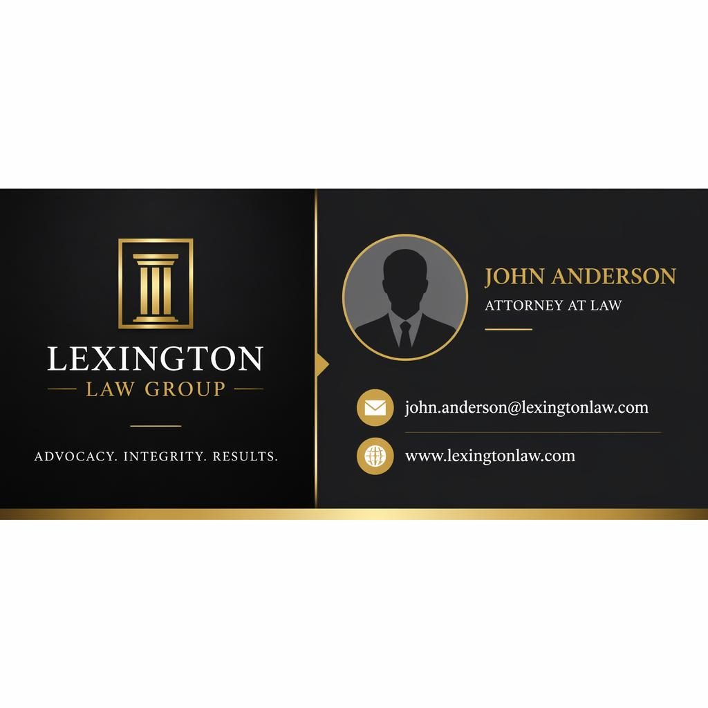 Black and gold two-column email signature banner with logo, avatar silhouette, and email and website icons in a classic law-firm style.