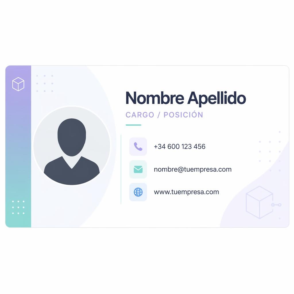 Banner horizontal 600x200 con firma de email profesional, barra lateral, iconos de teléfono, email y web, y avatar en silueta.